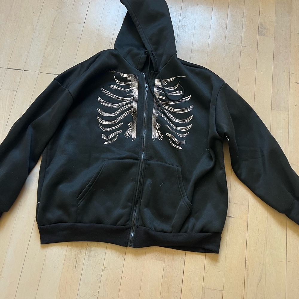 Black Oversized Hoodie with Rhinestone Skeleton Design